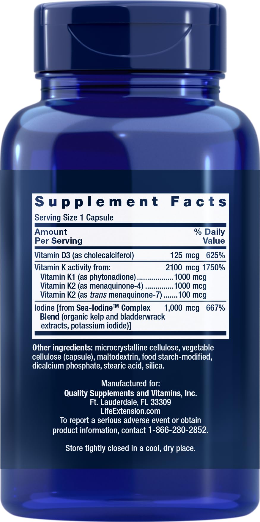 Life Extension Vitamins D and K with Sea-Iodine Capsules, 180 Capsules