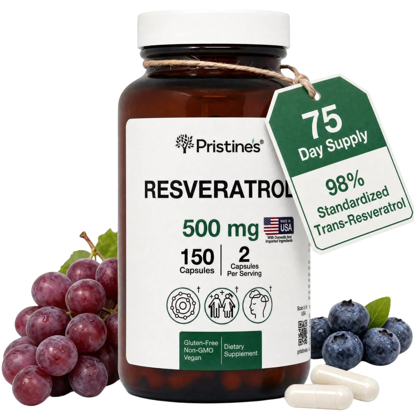 PRISTINE'S Resveratrol 500mg Capsules, 150 Count
