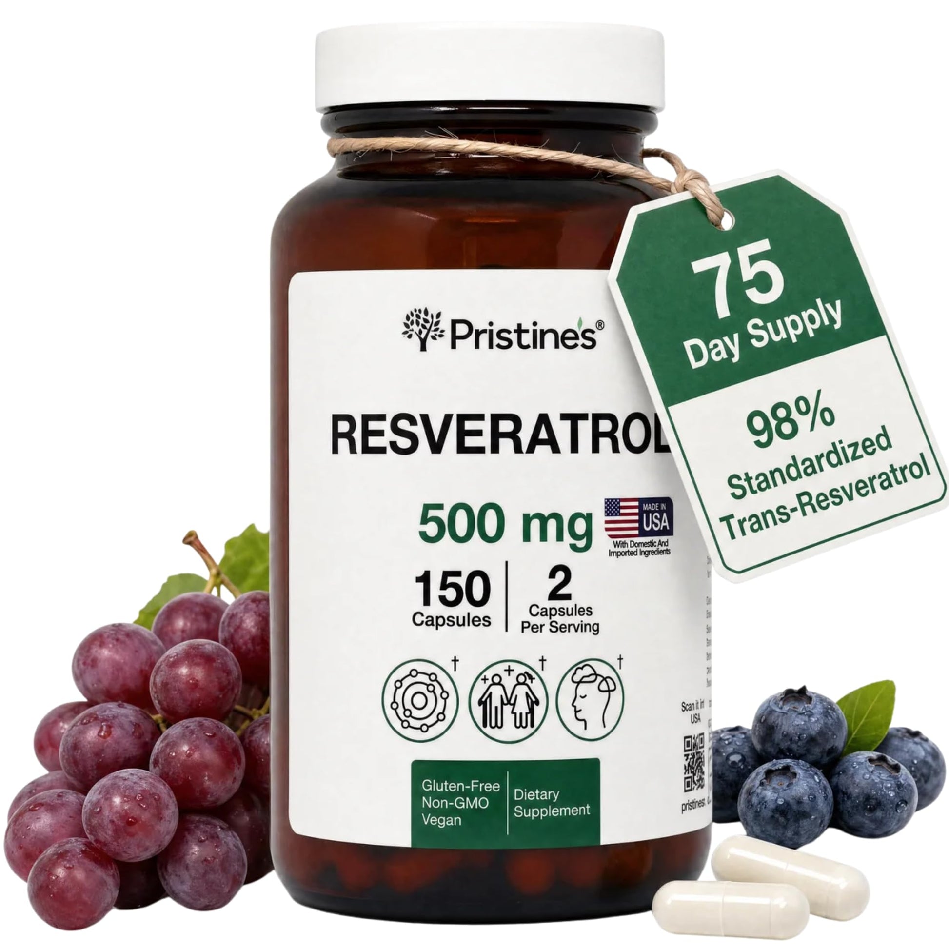 PRISTINE'S Resveratrol 500mg Capsules, 150 Count