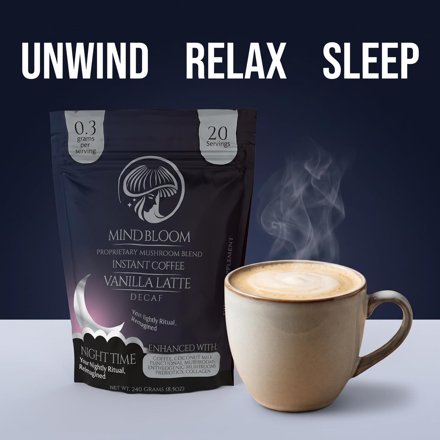 Mind Bloom Night Time Vanilla Latte Instant Coffee Decaf Proprietary Mushroom Blend Powder 8.5 Ounce