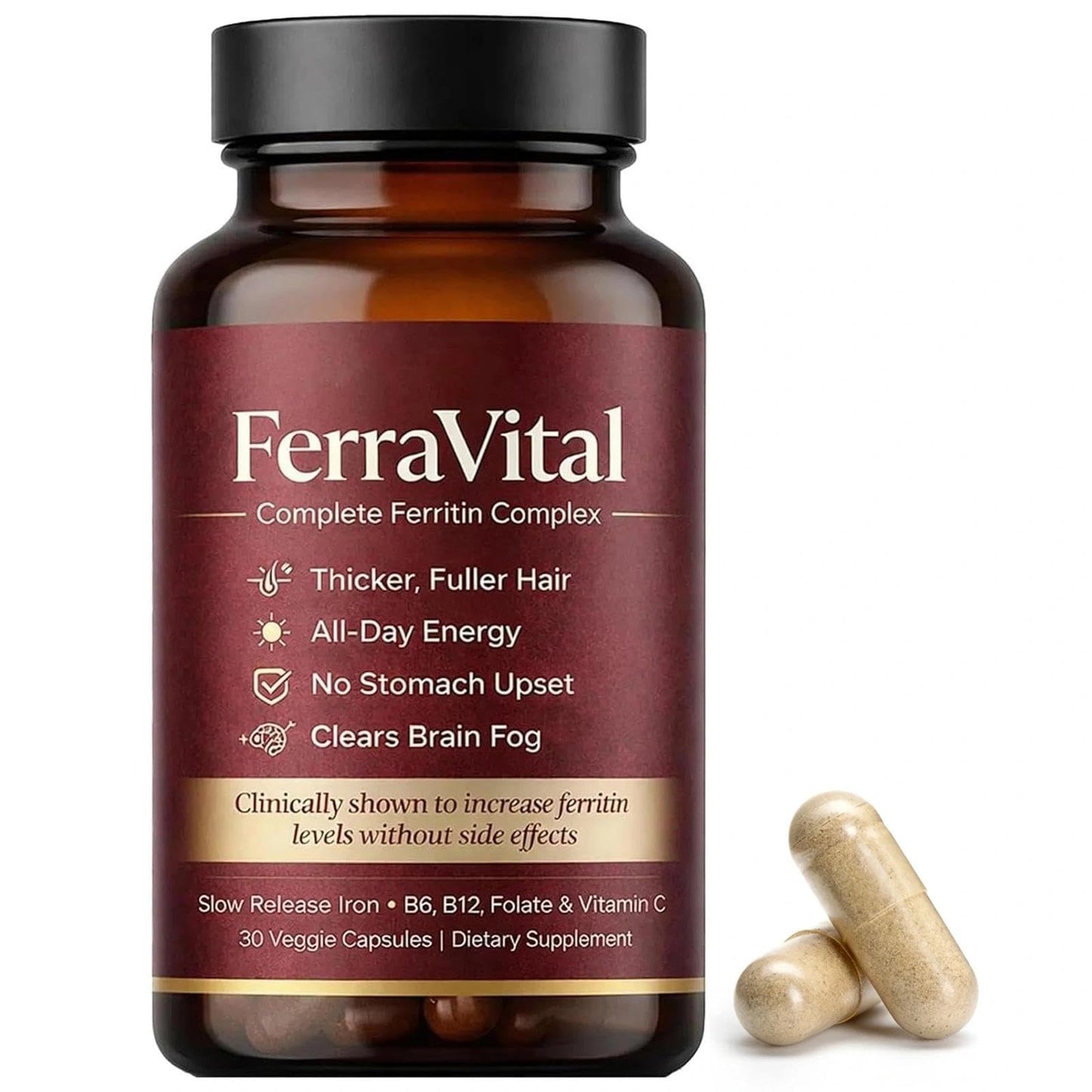 FerraVital Ferritin Supplement for Women – Supports Healthy Iron & Energy Levels – with Ferrous Glycine, Vitamins C, B12, B6, Folate, Zinc & Probiotics – 60 Capsules