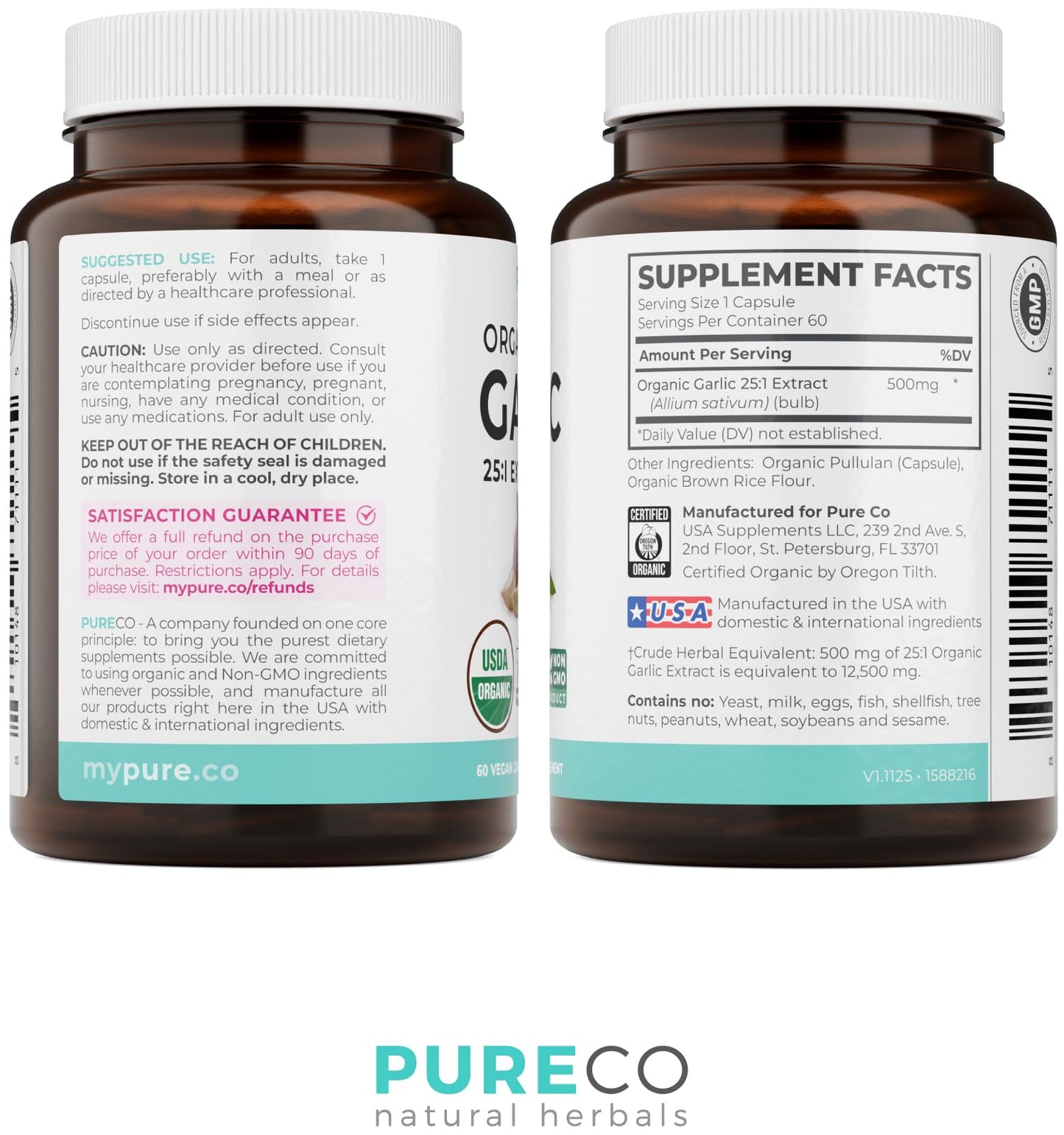 PURE CO USDA Organic Garlic Supplement Capsule 60 Count
