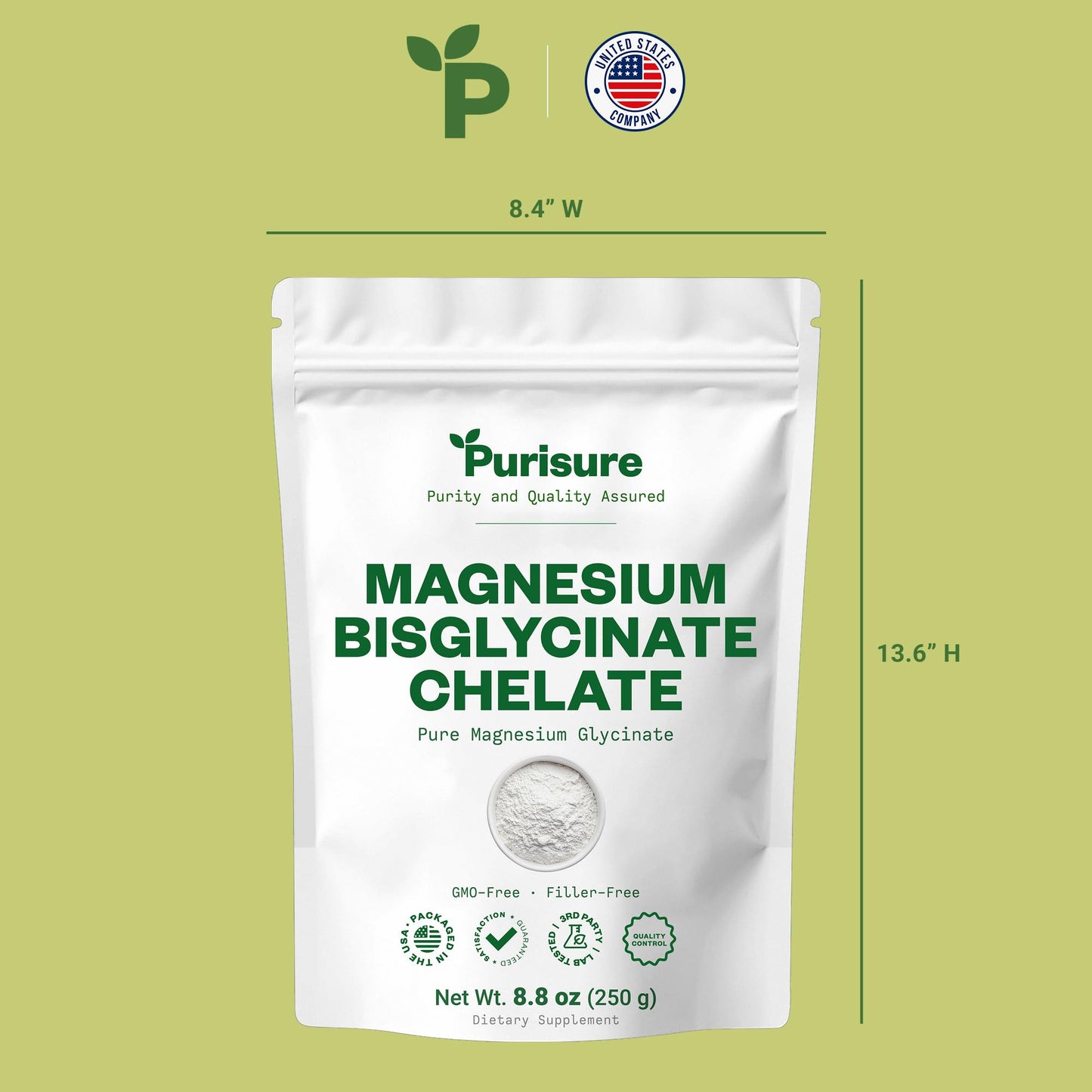 Purusire Magnesium Bisglycinate Chelate Powder, 8.82 oz