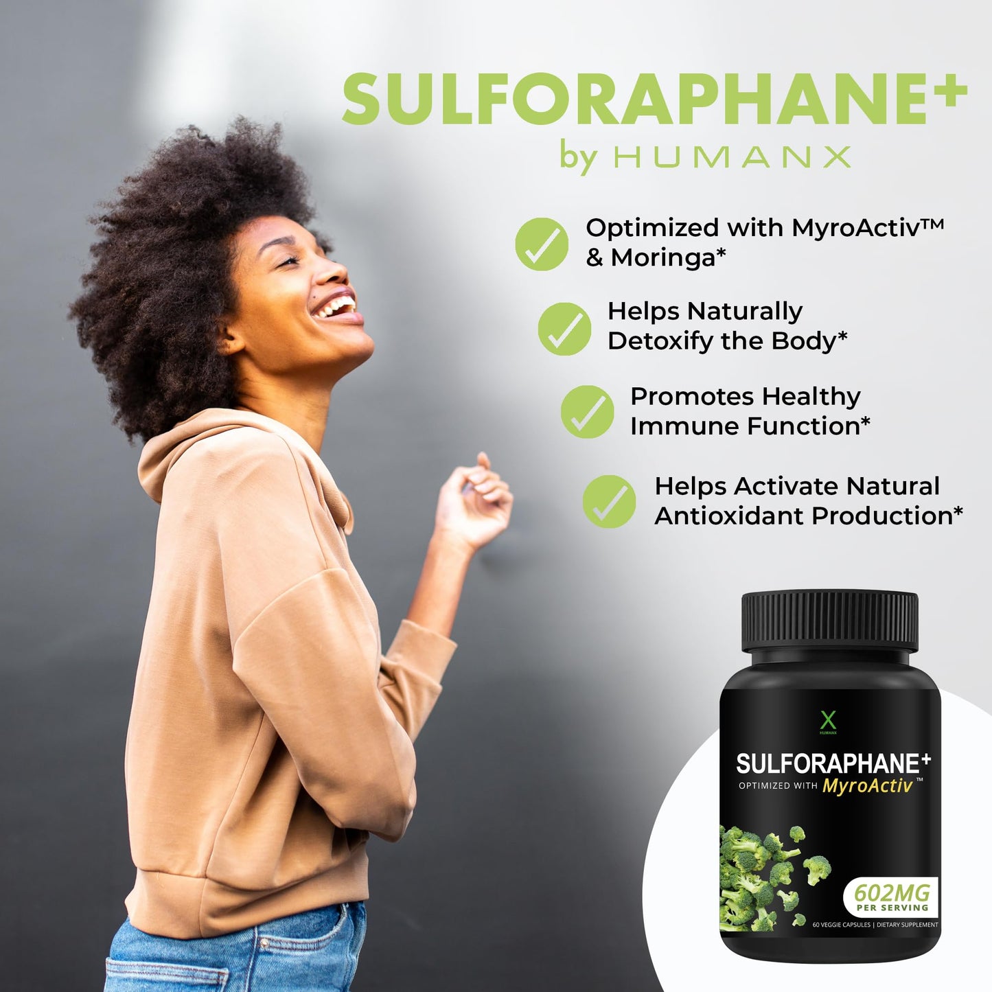 HUMANX Sulforaphane+ 602mg with Broccoli Seed Extract & Moringa Capsule, 60 Count