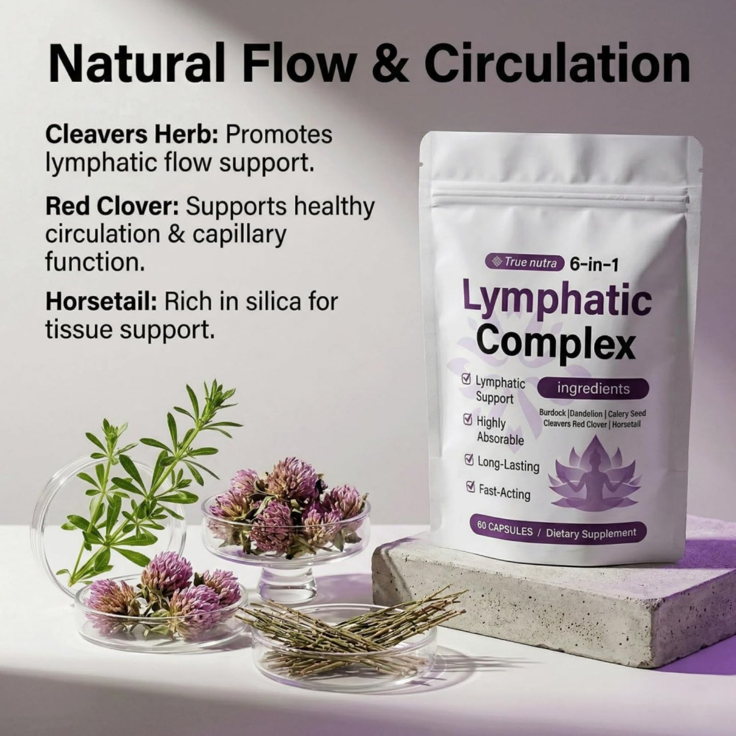 True Nutra Lymphatic Complex 6 in 1, Lymphatic Drainage with Burdock, Dandelion, Kelp Cleavers for Balance Cortisol & Skin Vitality Caplets, 60