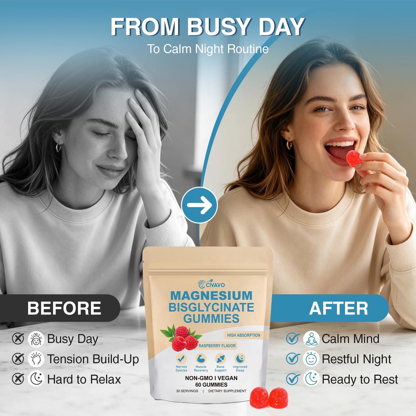 Civavo Magnesium Bisglycinate Gummies 400mg, 60 Count