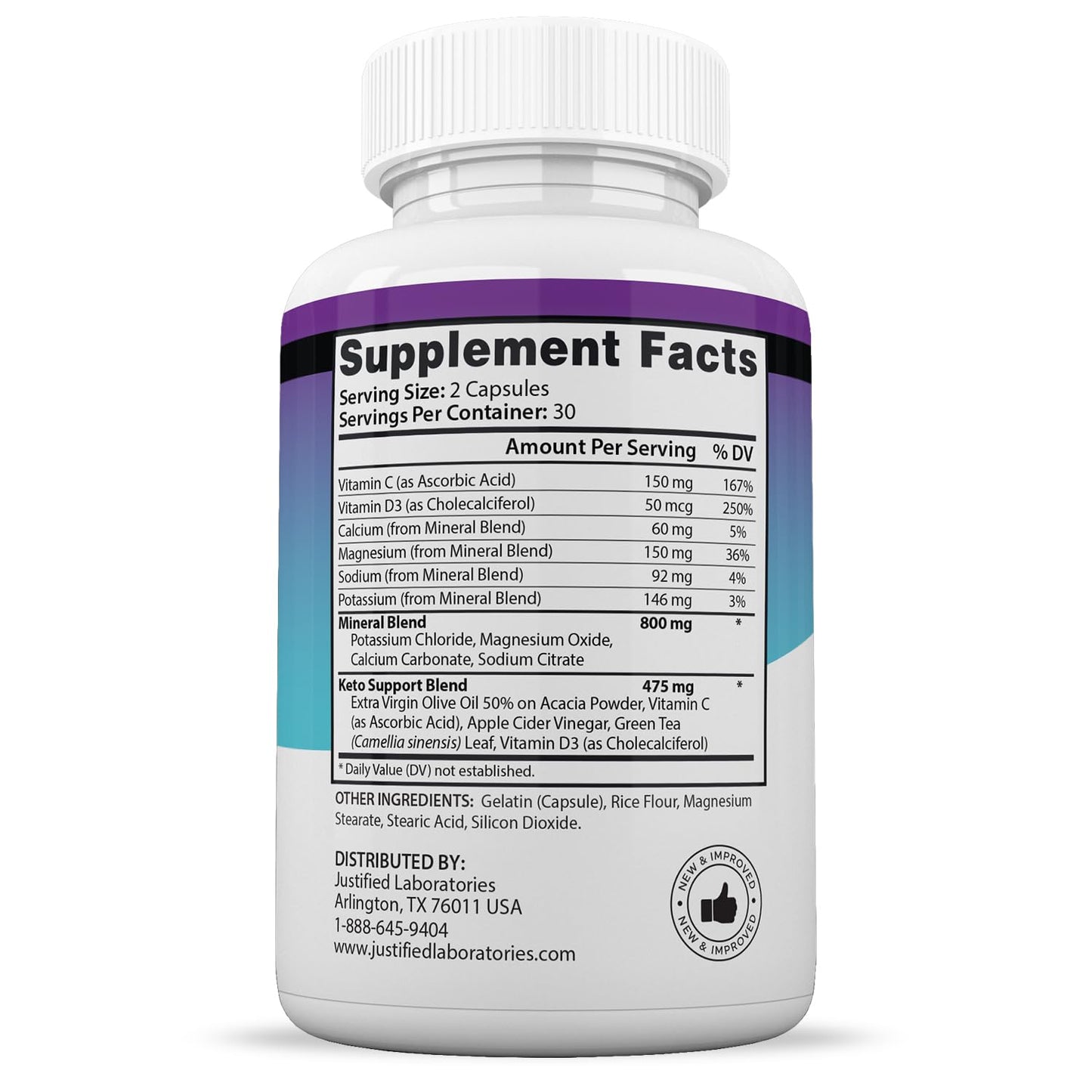 Justified Laboratories Keto Burn Diet Pills 1275MG 60 Capsules