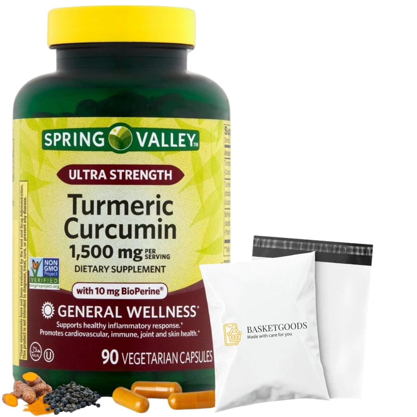BASKETGOODS Spring Valley Turmeric Curcumin 1500mg with Black Pepper Capsules, 90 Count