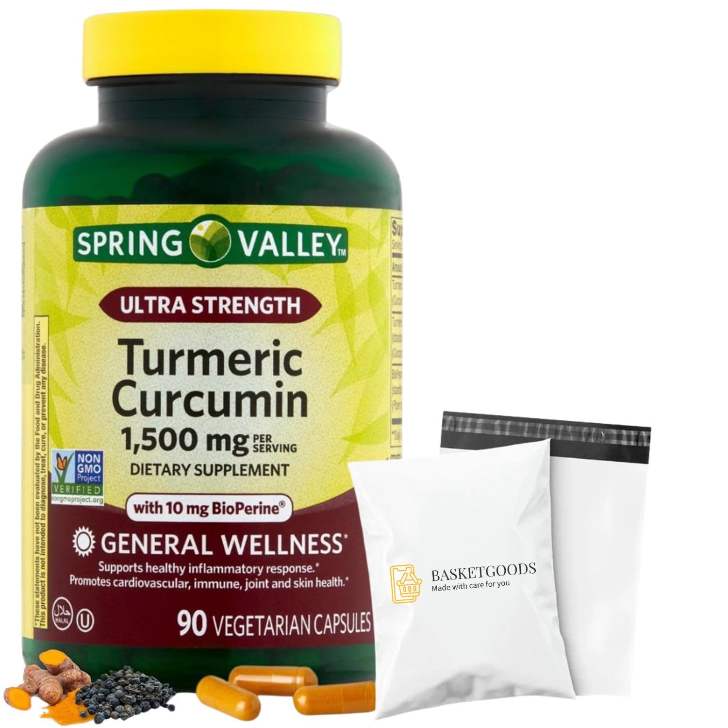 BASKETGOODS Spring Valley Turmeric Curcumin 1500mg with Black Pepper Capsules, 90 Count
