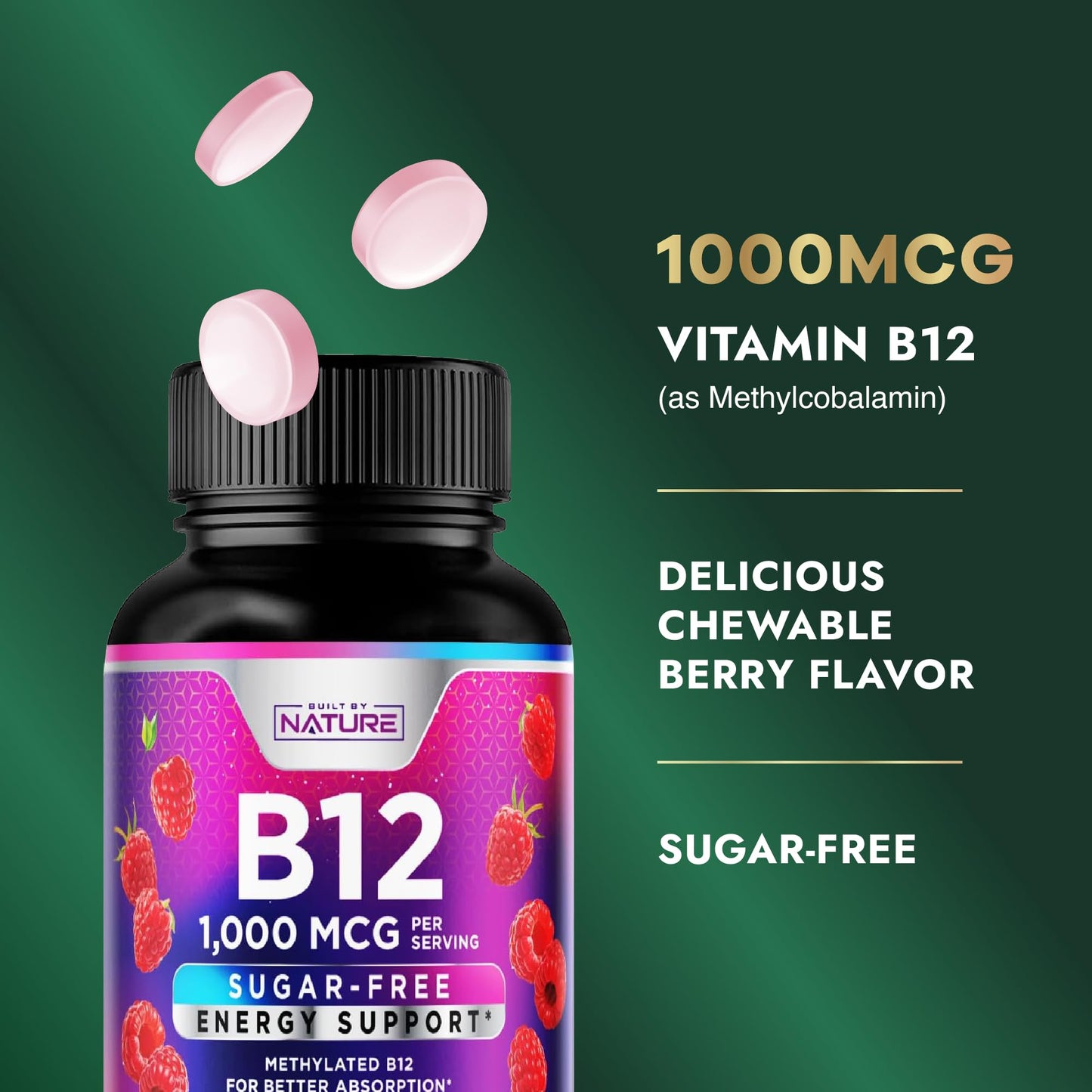 Built by Nature Vitamin B12 1000 mcg Methylcobalamin Chewable Tablets Berry Flavor, 120 Count