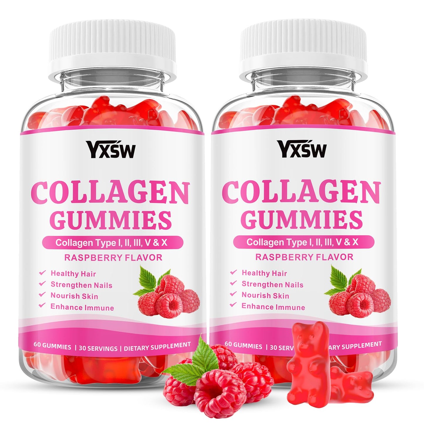 YXSW Collagen Gummies for Women Men, Hydrolyzed Collagen Protein Type I II III V X with Biotin Vitamin C A B D E Hyaluronic Acid for Hair, Skin, Nails, Joint, Immune Support, Raspberry Flavor, 120 Count