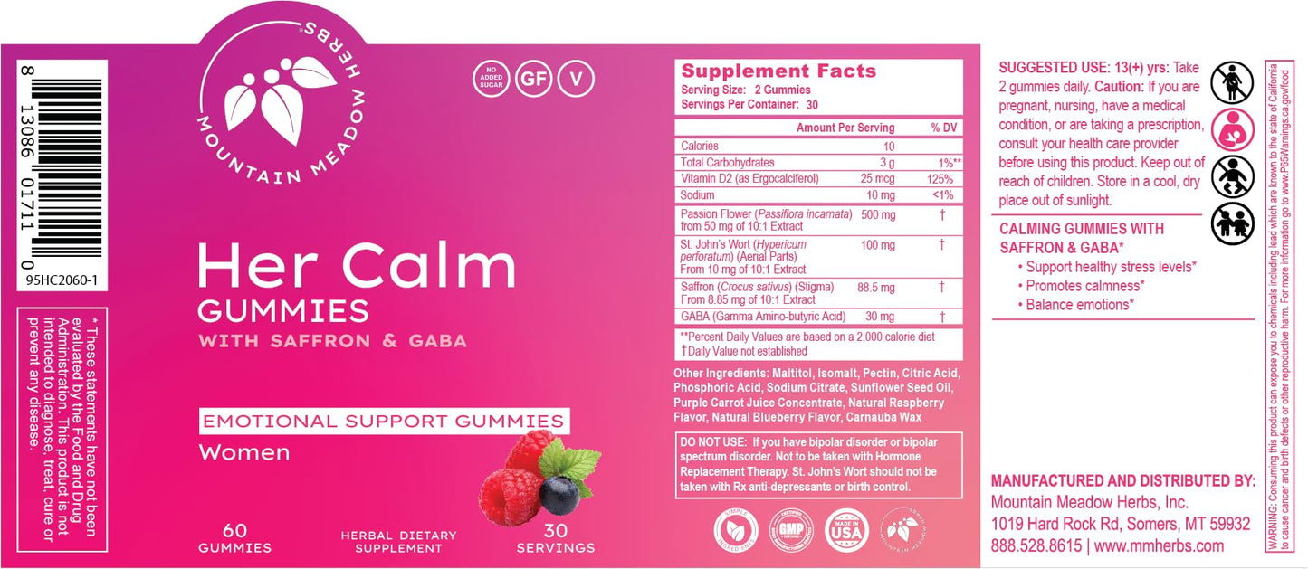 Mountain Meadow Herbs Her Calm Gummies – Natural Mood Support with Saffron, Passion Flower, St. John’s Wort, GABA – Stress Relief Supplement for Women, 60 Count