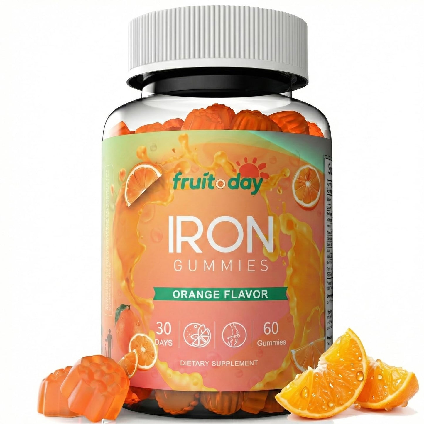 Fruitoday Iron Gummies with Vitamin C, B6, B12 and Folate - Gentle Ferrous Bisglycinate, Orange Flavor, 60 Gummies