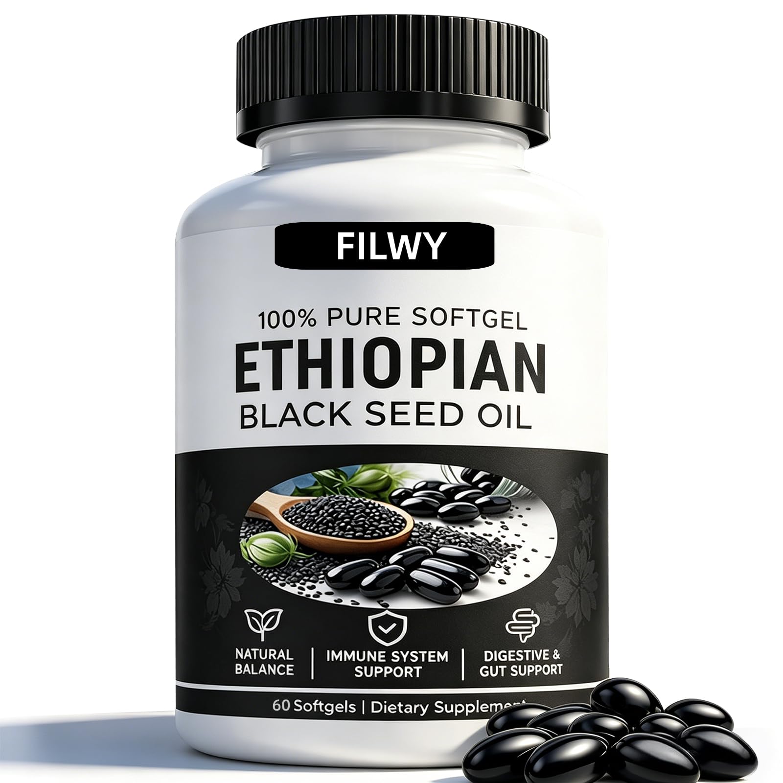 FILWY Ethiopian Black Seed Oil Capsules with 4.64% Thymoquinone, Immune Support & Digestion & Energy Booster, 60 Capsules