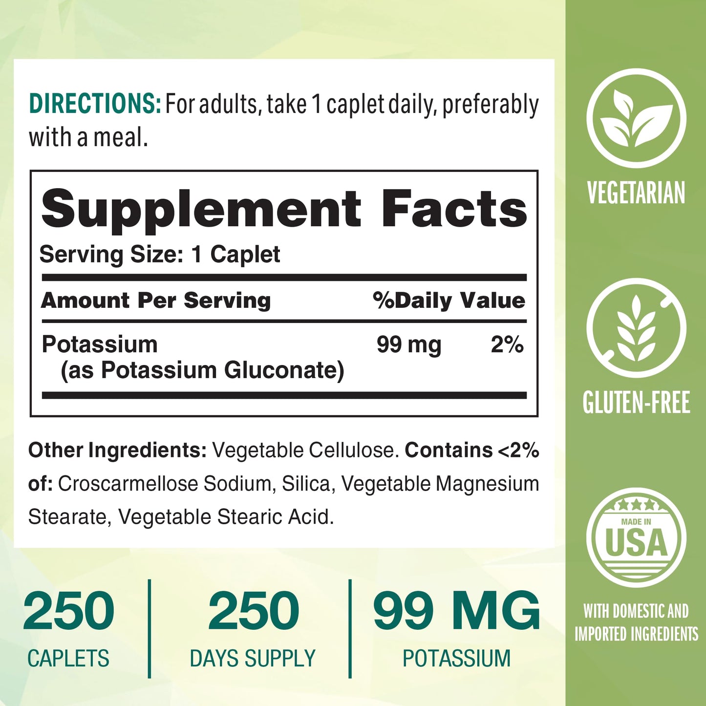 Vitamin World Potassium 99 mg Caplets, 250 Count