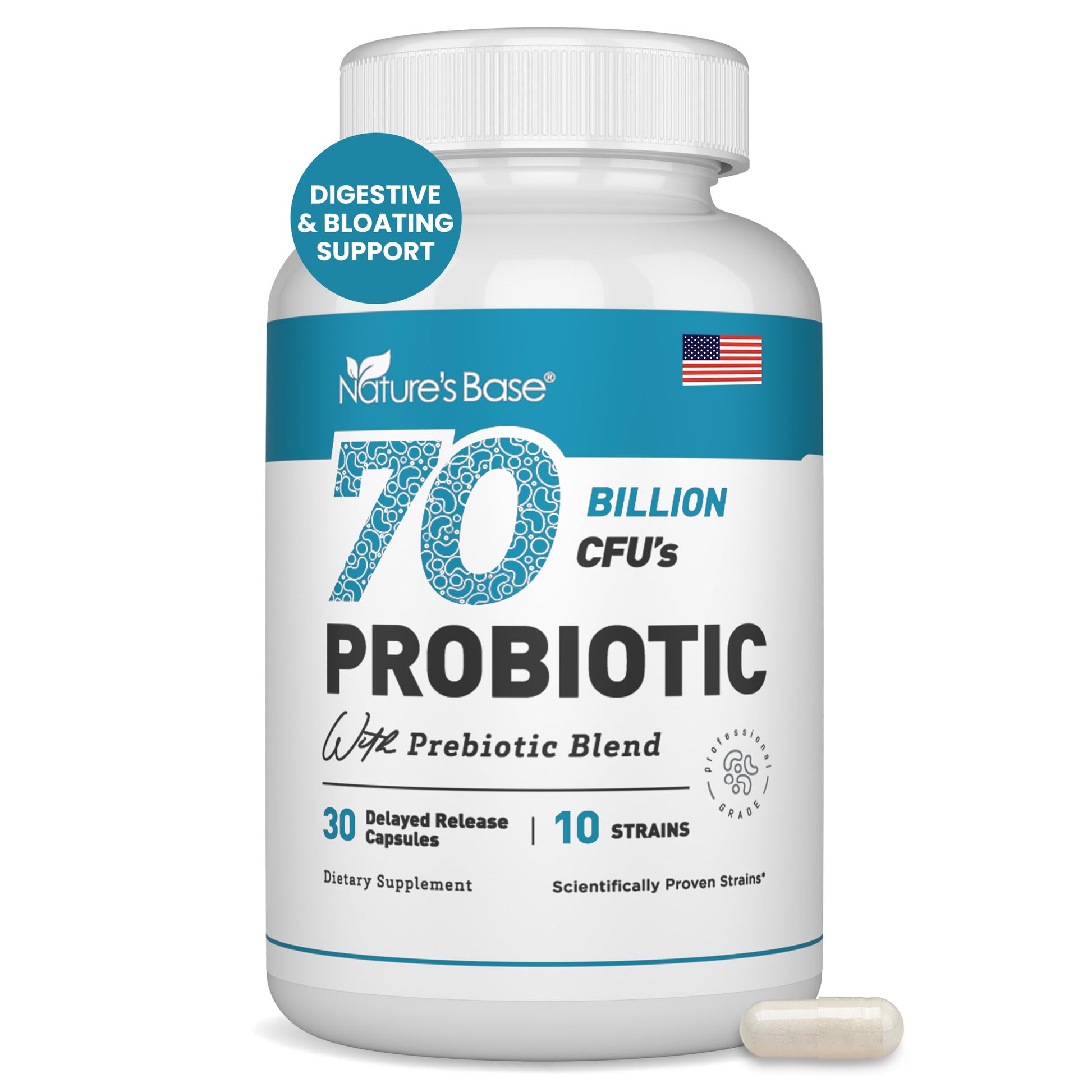 Nature's Base Probiotics 70 Billion CFU with Prebiotics for Women & Men Capsules 30 Count