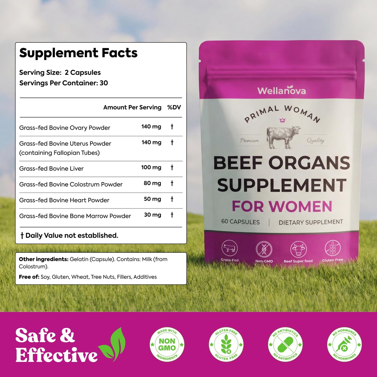 Wellanova Primal Beef Organ Supplement for Women, Grass-Fed Ancestral Superfood Capsule, 60 Capsules