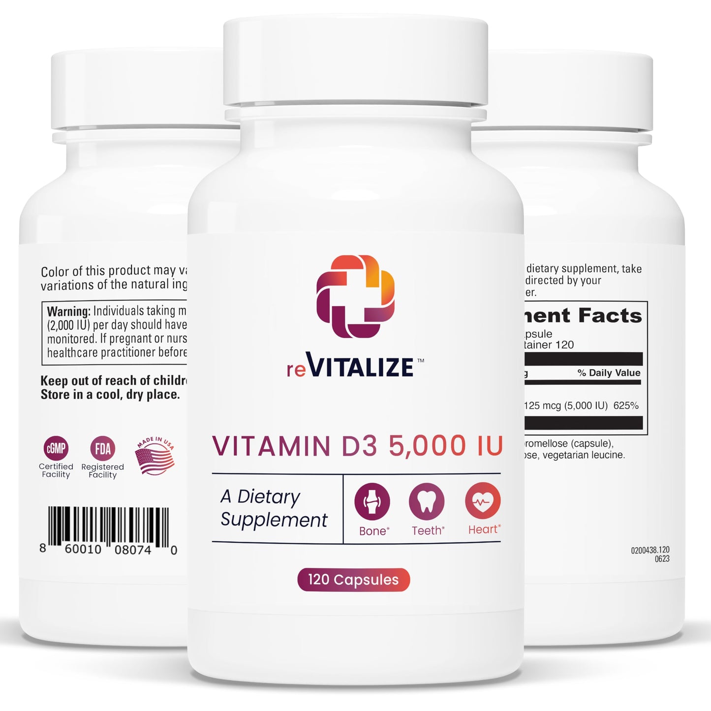 REVITALIZE Vitamin D3 5000 IU Supplement for Immune Support & Bone Health Capsule, 120 Count