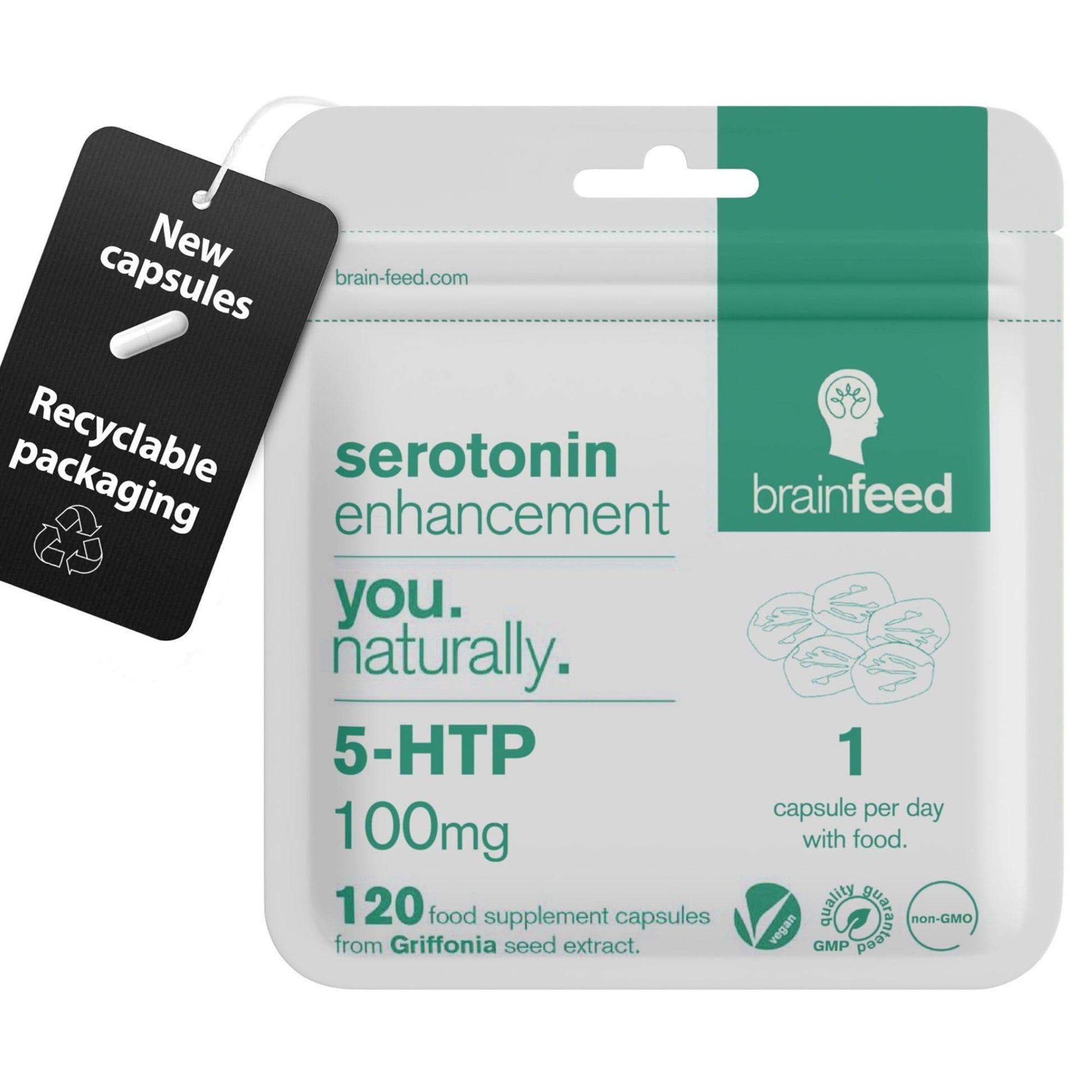 Brain Feed Serotonin Supplement 5-HTP Natural Mood Booster Capsule, 120 Count