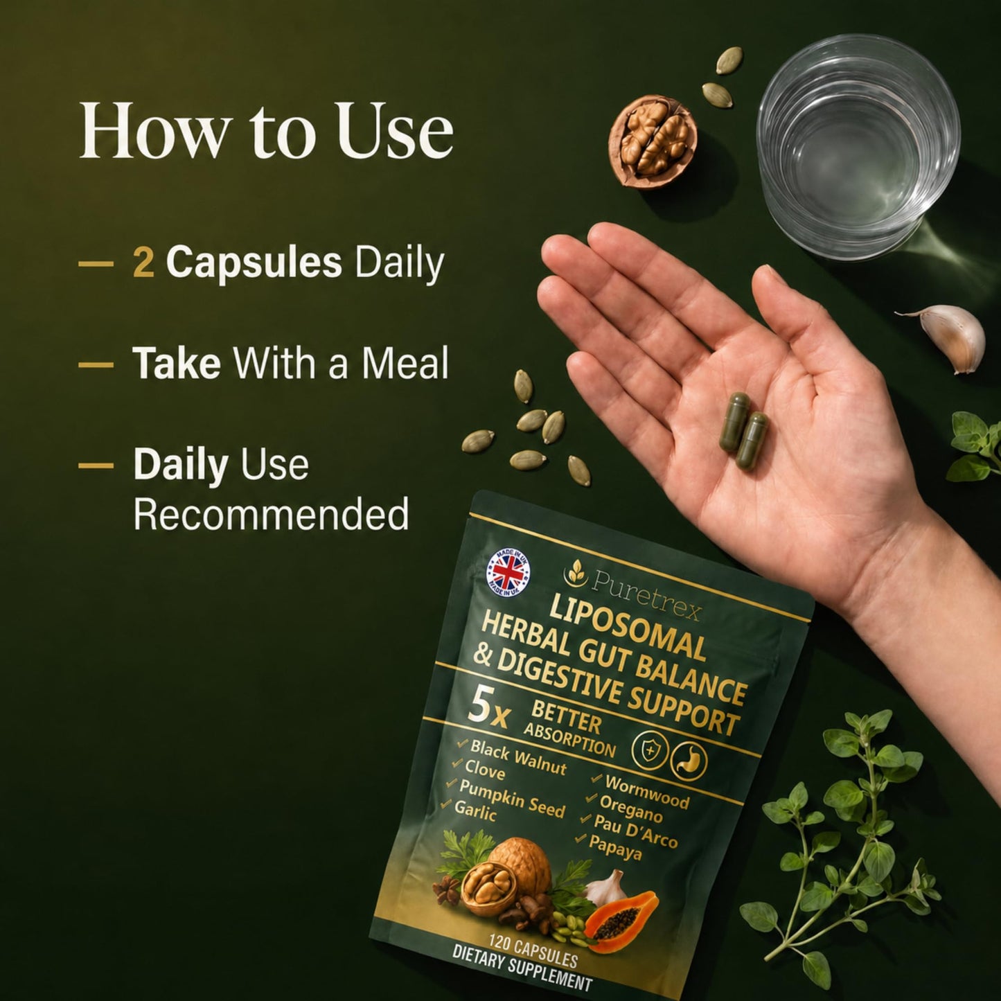 PURETREX Liposomal Herbal Gut Support Drops with Wormwood, Capsule, 120