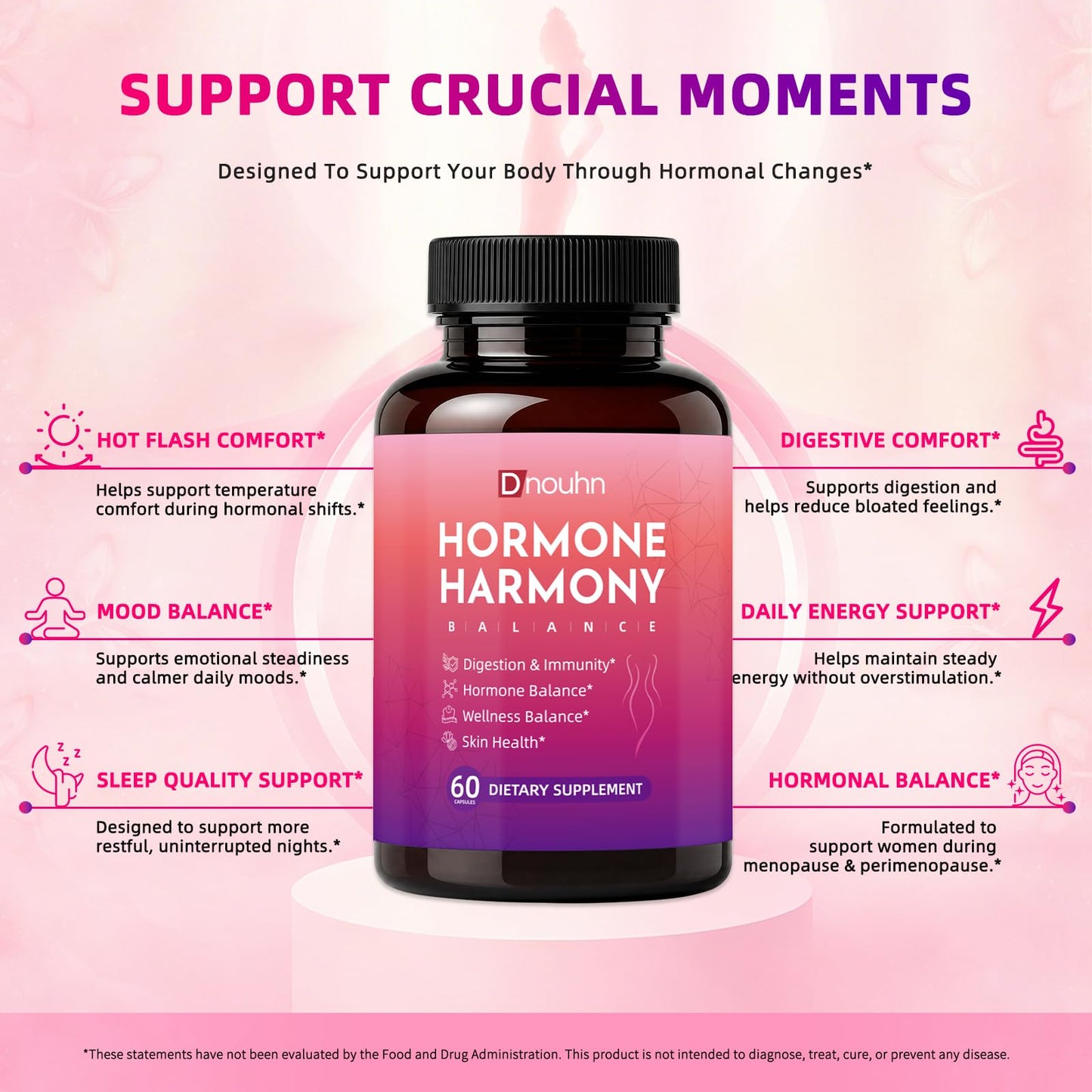 DNOUHN Hormone Harmony for Women – Natural Hormonal Balance Ashwagandha, Rhodiola, Support for Menopause Relief, Hot Flashes, Mood Swings Bloating Relief Capsules, 60 Count