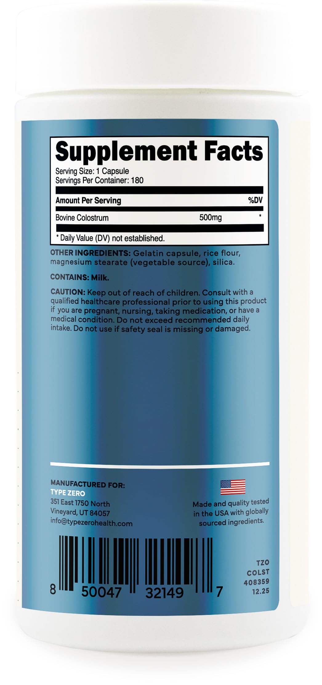 Type Zero Colostrum Supplement (500mg) Capsules, 360 Capsules