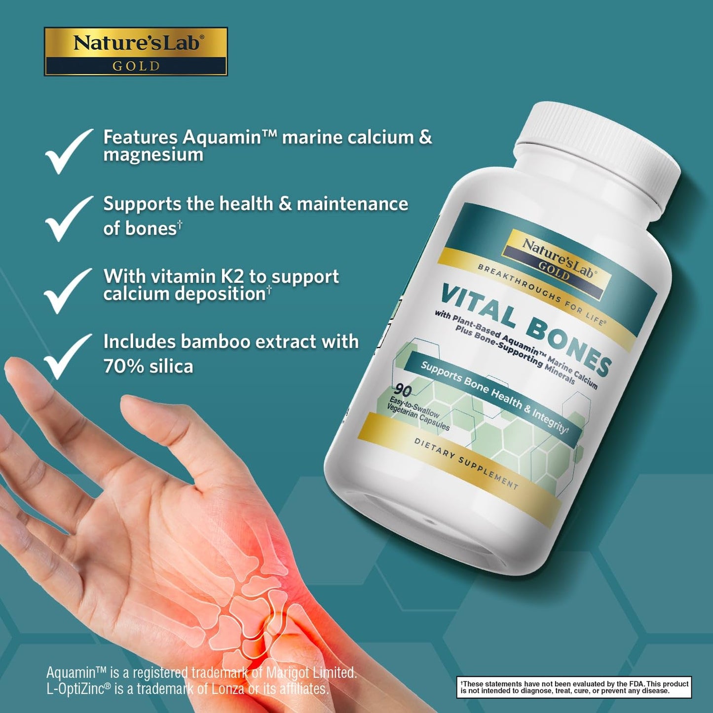 Nature's Lab Gold Vital Bones with Aquamin Plant-Based Calcium 90 Capsules