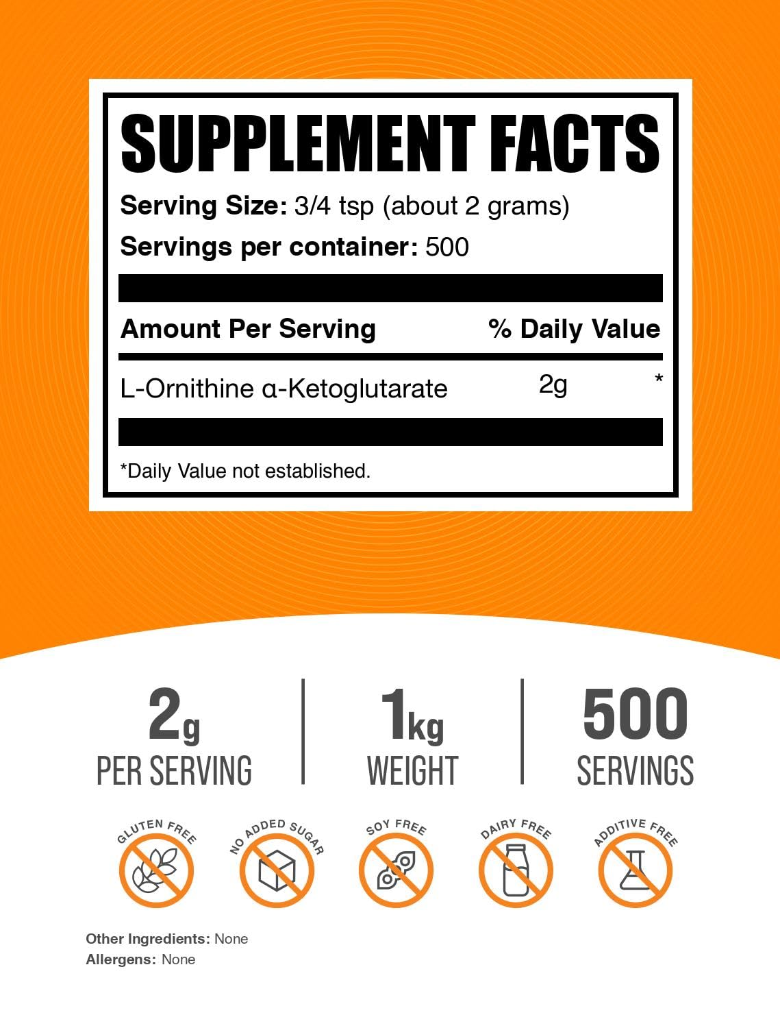 BulkSupplements L-Ornithine Alpha-Ketoglutarate Powder (OKG), Gluten Free, 2 g per Serving, 1 kg Pack of 1