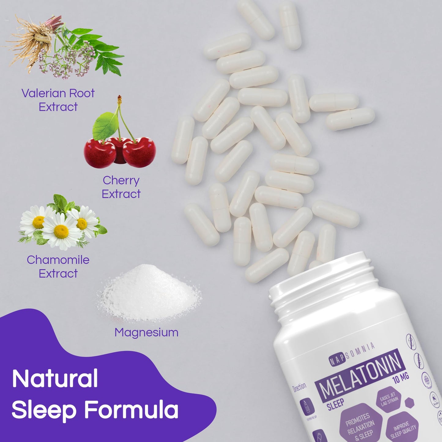 NAPSOMNIA Vegan Melatonin Capsules 10 mg with Valerian Root Extract, Sleep Aid, 60 Capsules