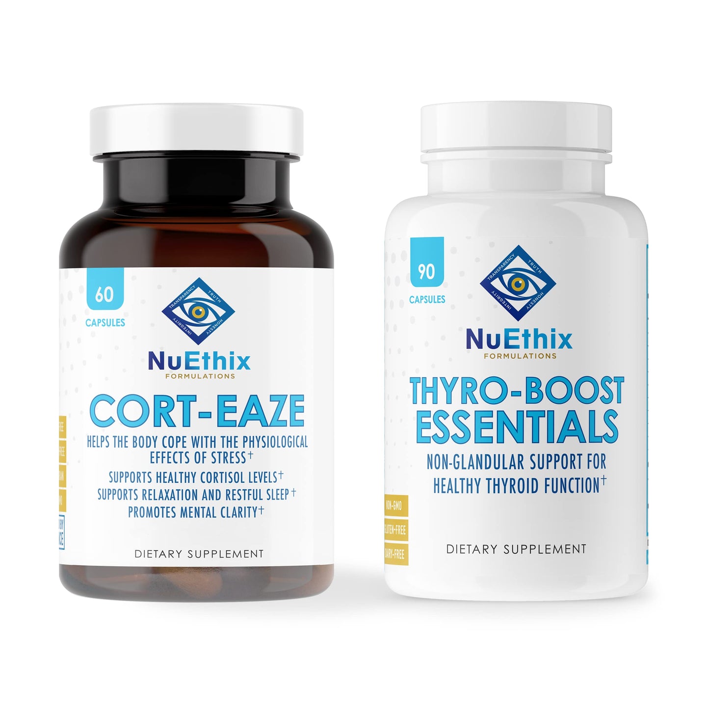 NuEthix Formulations Cort-Eaze Cortisol-Control Supplement and Thyro-Boost Essentials Bundle, 60 Capsules and 90 Capsules