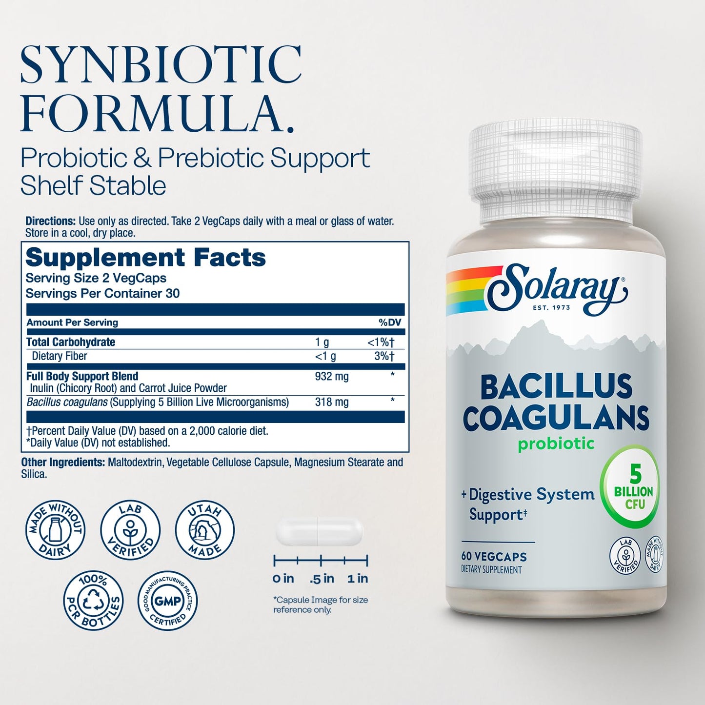 SOLARAY Bacillus Coagulans Probiotic 5 Billion Live Microorganisms Capsule 60