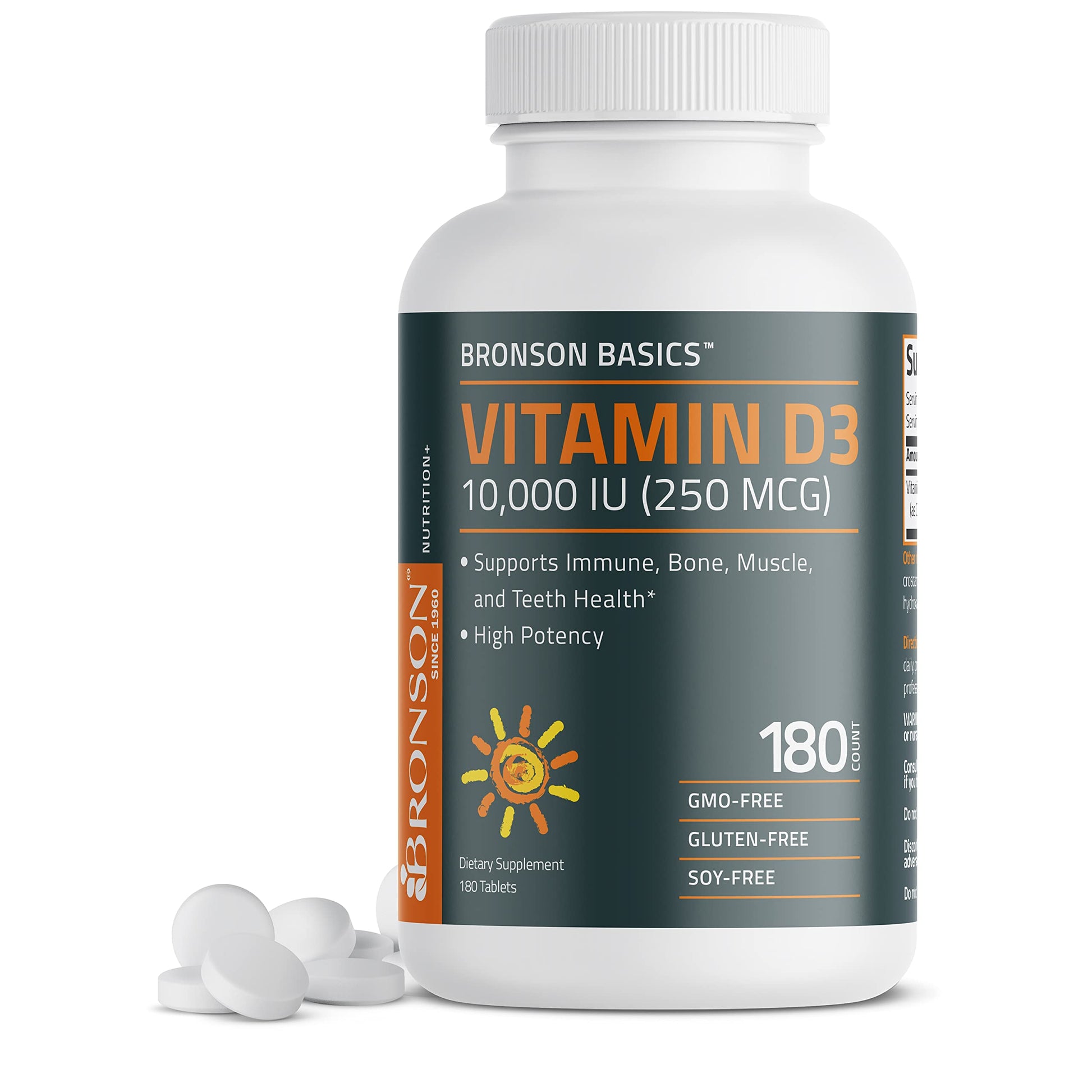 Bronson Vitamin D3 10,000 IU (250 mcg) for Healthy Muscle Function and Immune Support, Non-GMO, 180 Tablets