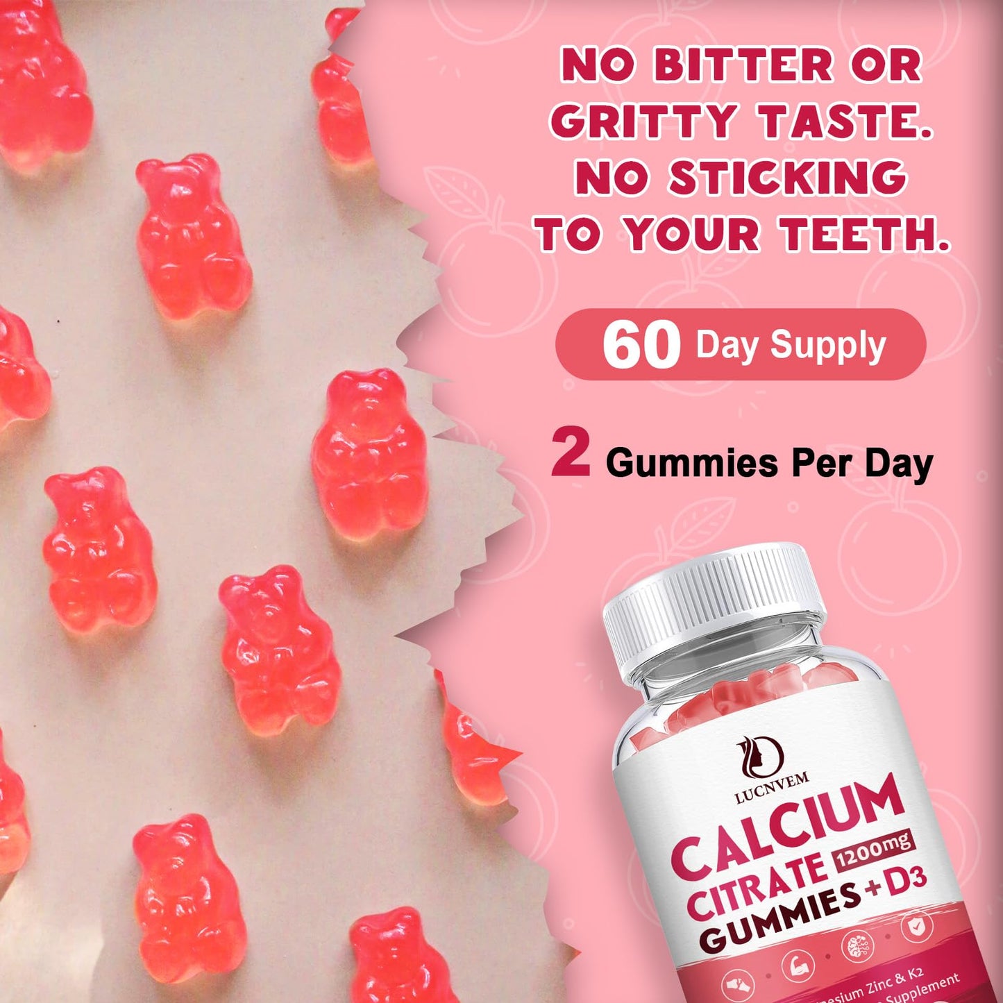LUCNVEM Calcium Citrate 1200mg with Vitamin D3 Gummies, 120 Count