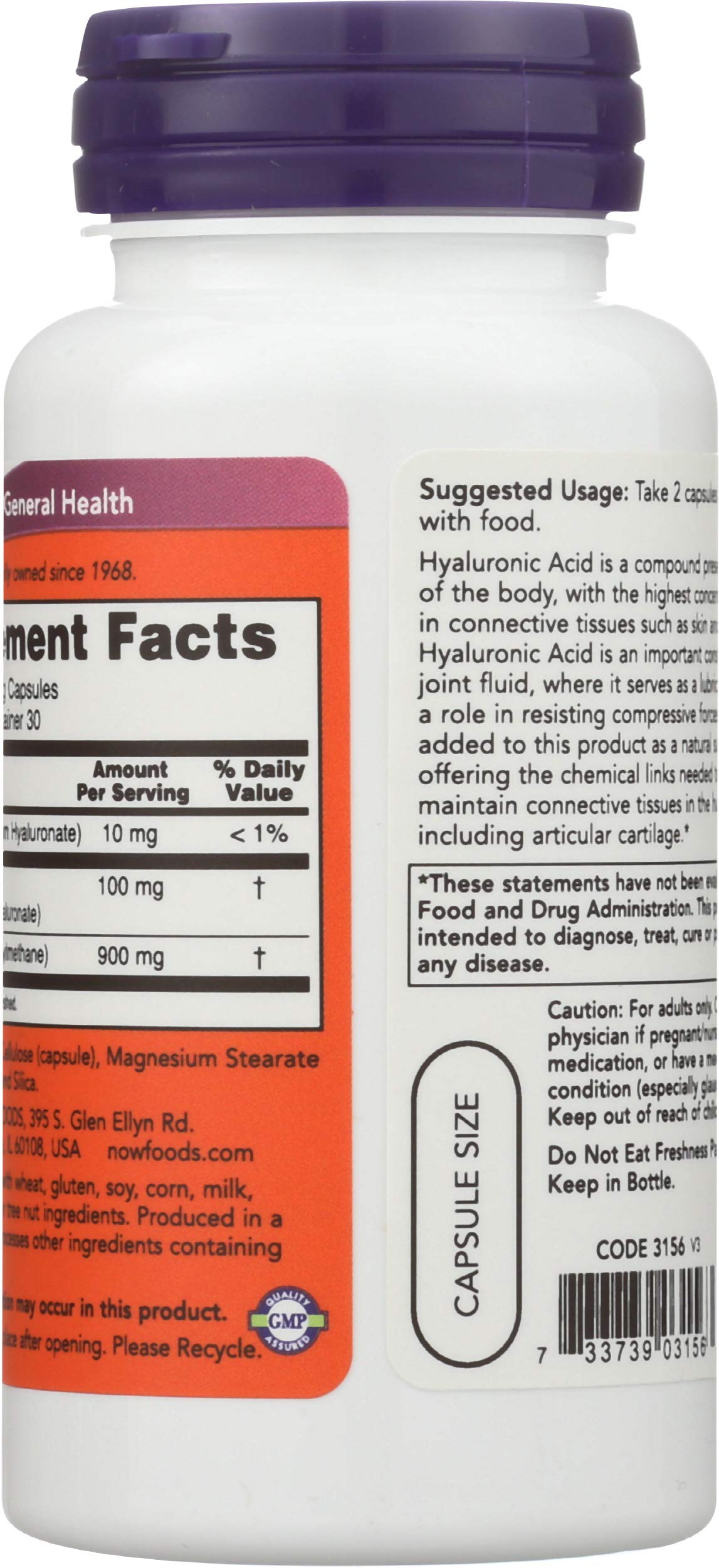NOW Foods Hyaluronic Acid 50 mg + MSM Capsule 60 Count
