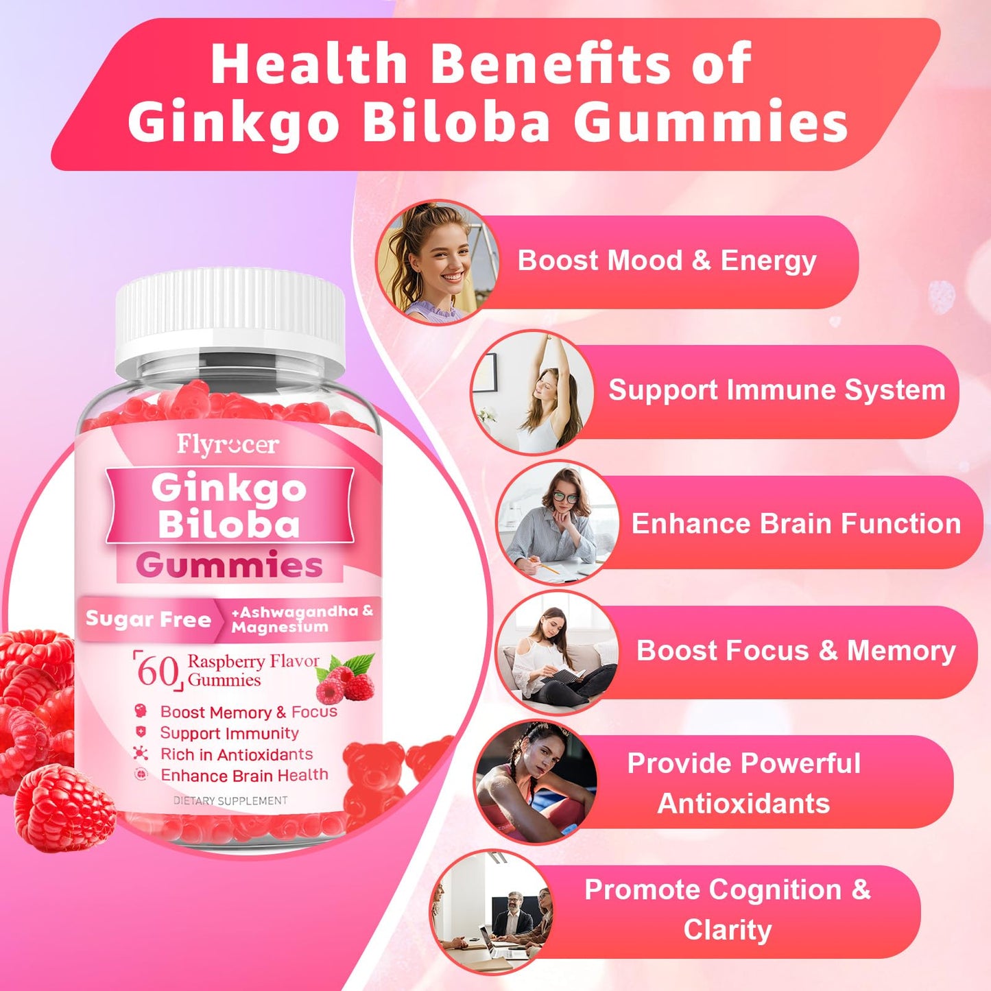 Flyrocer Ginkgo Biloba Gummies for Adults & Kids, 120 Count