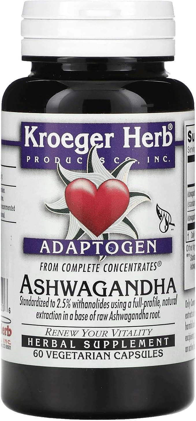 Kroeger Herb Products Ashwagandha Supplements for Stress and Mood Support Capsules, 60 Count