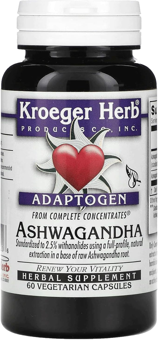 Kroeger Herb Products Ashwagandha Supplements for Stress and Mood Support Capsules, 60 Count