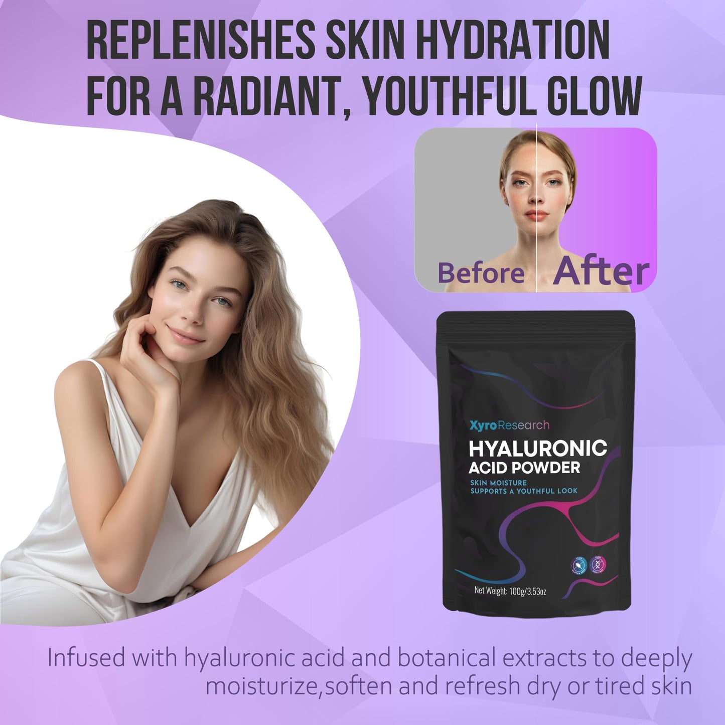 Xyro Research Hyaluronic Acid Powder for Skin High Molecular Weight Hydration & Moisture Care Support Water Soluble Ingredient for DIY Facial Skincare Serum Gluten Free GMO Free 3.53 oz