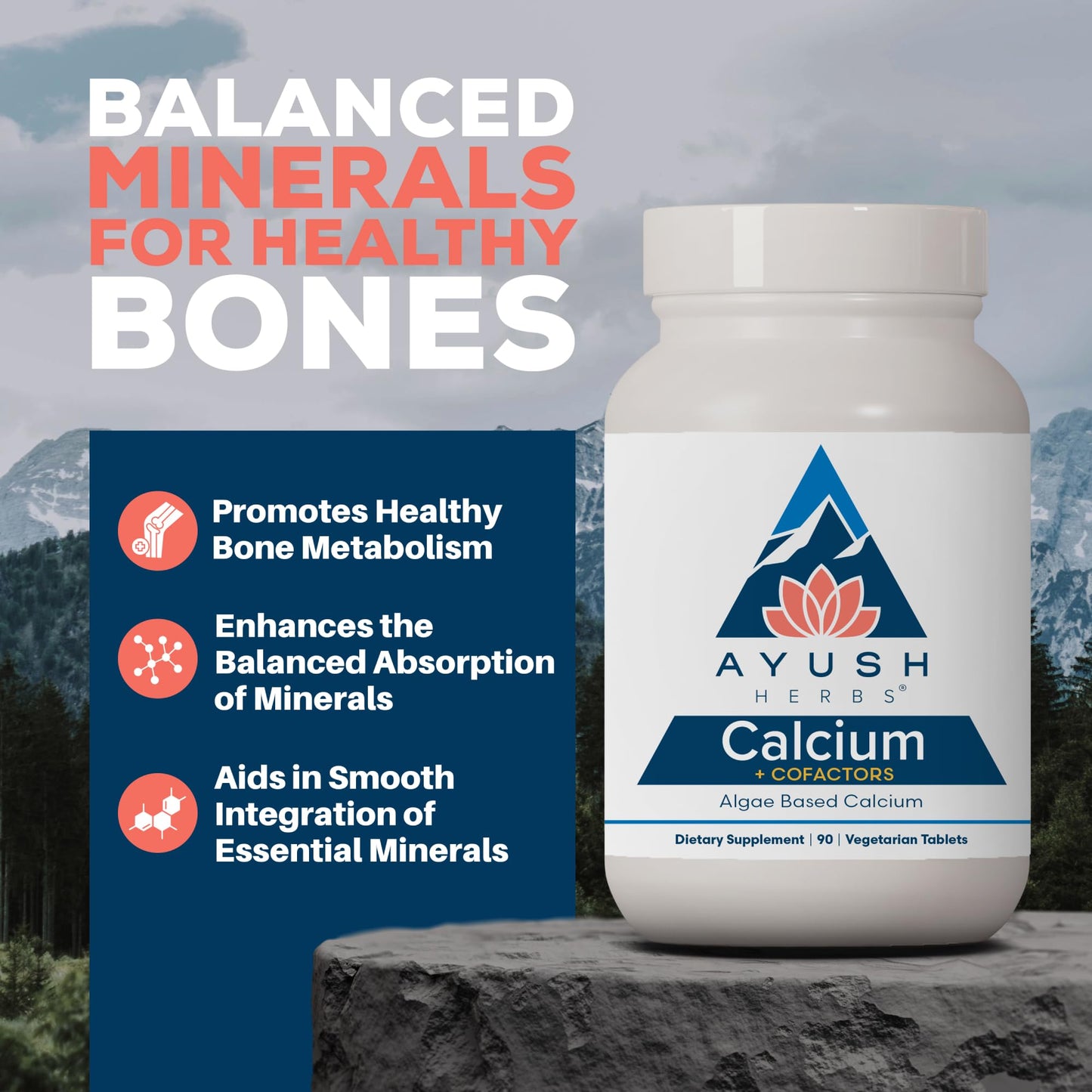 Ayush Herbs Calcium + Cofactors, Algae Based Calcium, Supports Bone Health & Mineralization, Tablets, 90 Count