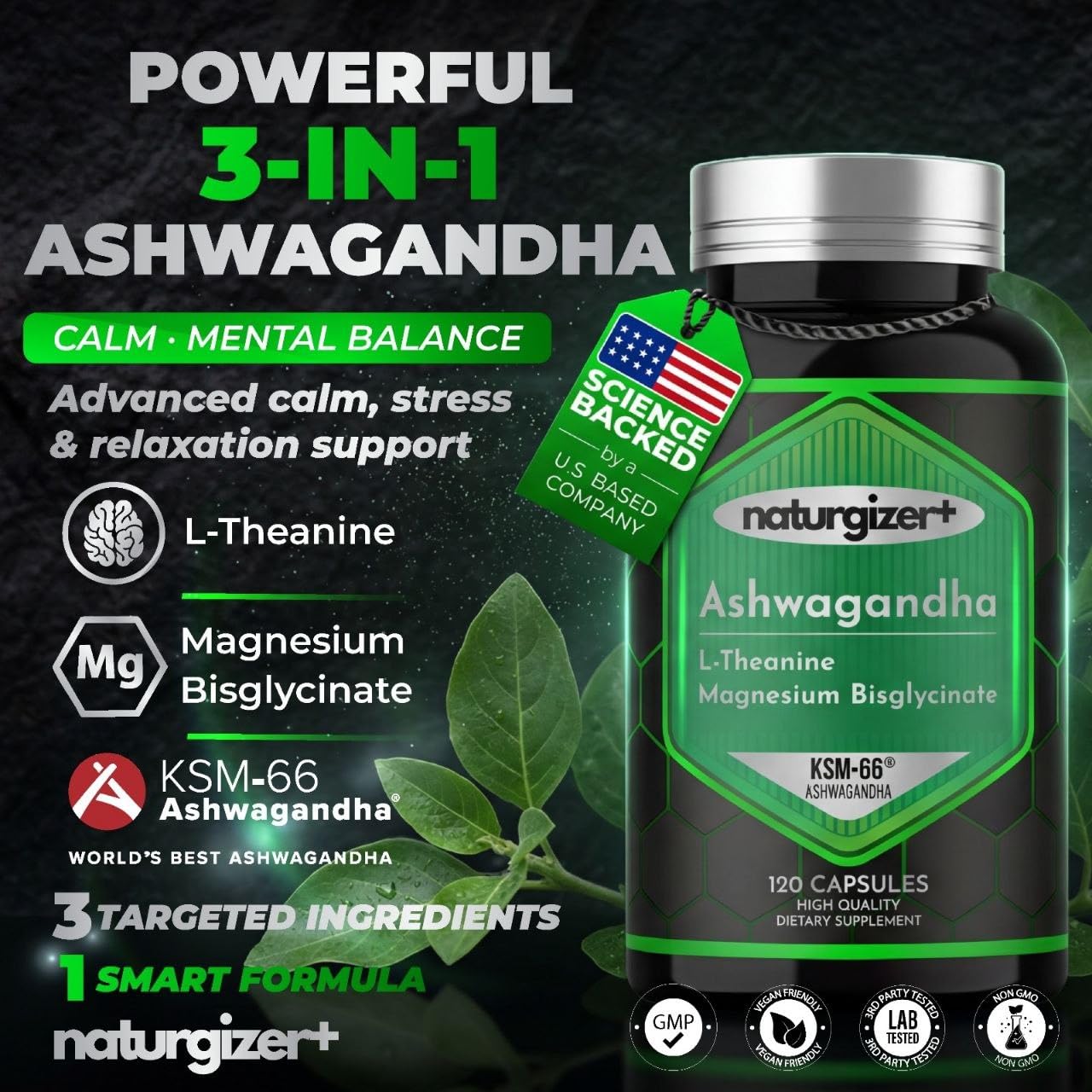 naturgizer+ Ashwagandha KSM-66 with Magnesium Glycinate Bisglycinate & L-Theanine 3-in-1 Complex Supplement for Calm Focus & Daily Balance - Vegan Non-GMO - 120 Capsules