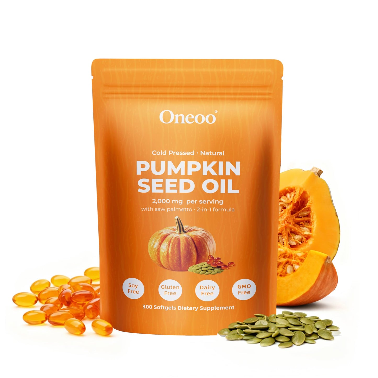 Oneoo Pumpkin Seed Oil 2000mg with Saw Palmetto Softgels, 300 Count