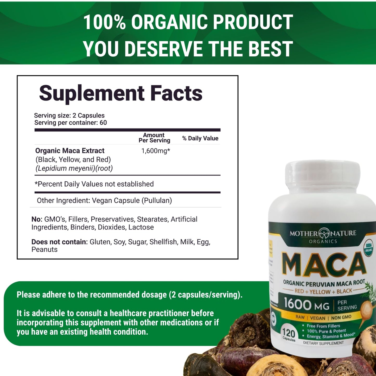 Mother Nature Organics Superfoods for Organic Living Maca Root 1600mg, 120 Capsules