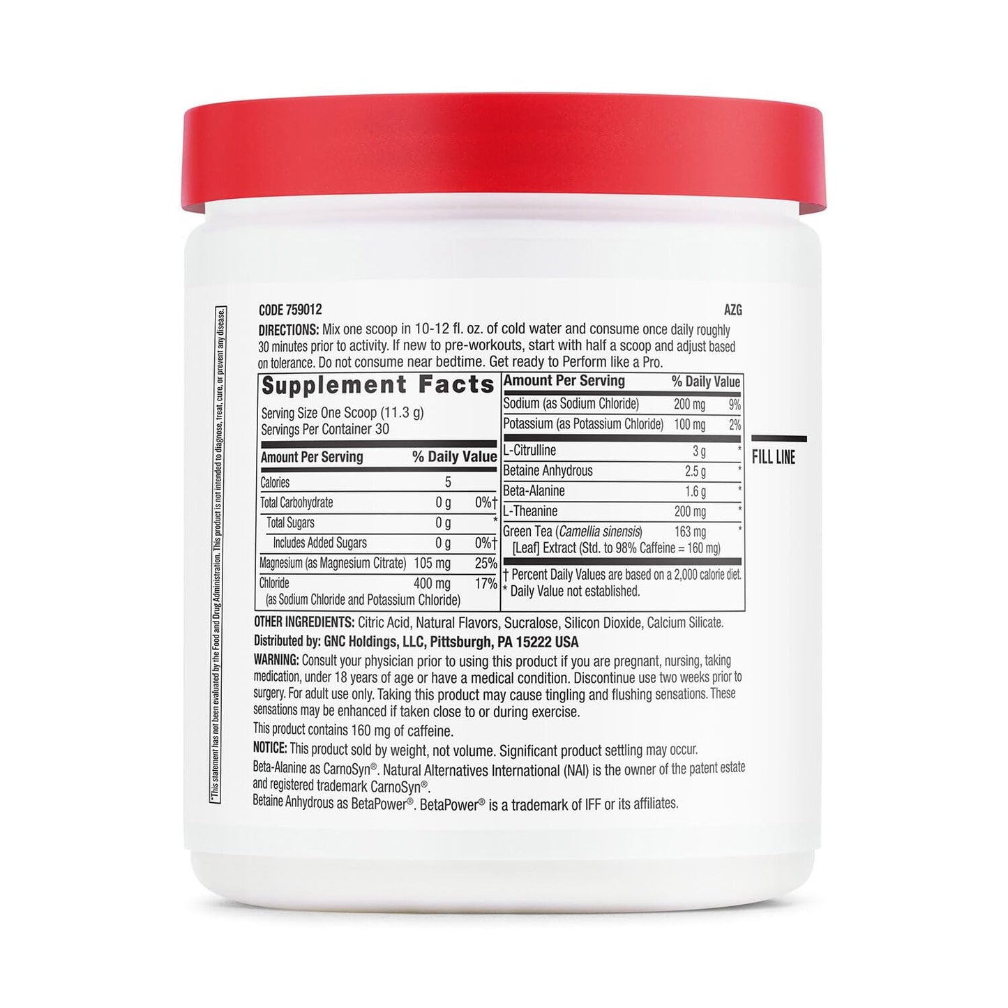 GNC Pro Performance Pre Workout Powder, Blue Raspberry, 11.96 oz, Sugar Free, Gluten Free
