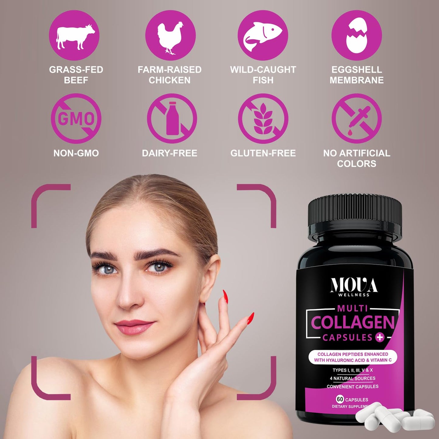 Mova Wellness Multi Collagen Capsules with Vitamin C & Hyaluronic Acid (Types I, II, III, V & X) - 60 Capsules
