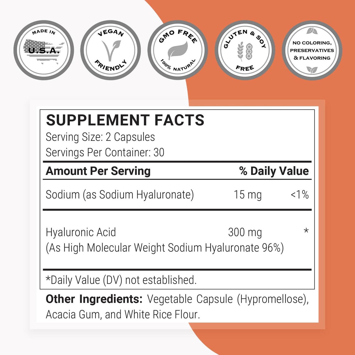 Supersmart Hyaluronic Acid Supplement 300mg per Day (Sodium Hyaluronate) - High Molecular Weight 1.2 Million Daltons, Non-GMO & Gluten Free, 60 Capsules