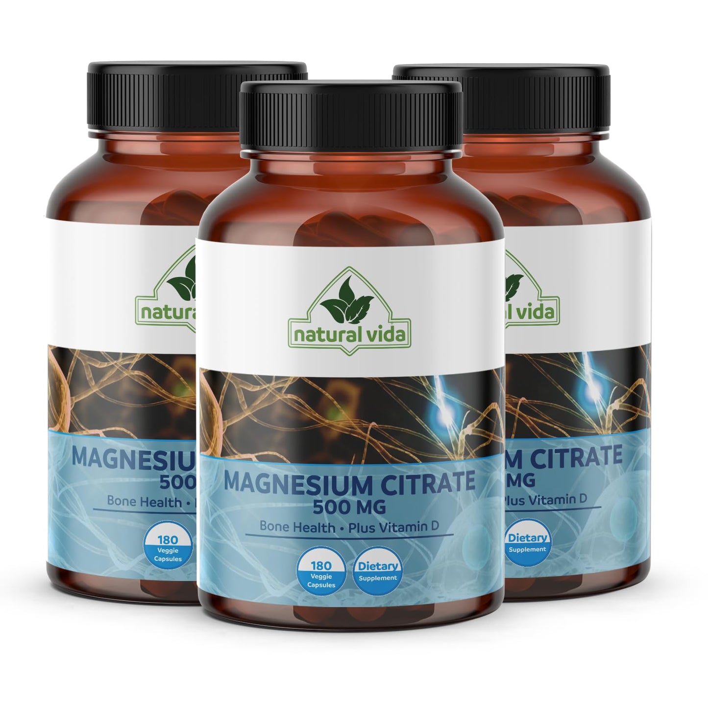 Natural Vida Magnesium Citrate 500mg + Vitamin D Capsules, 180 Capsules