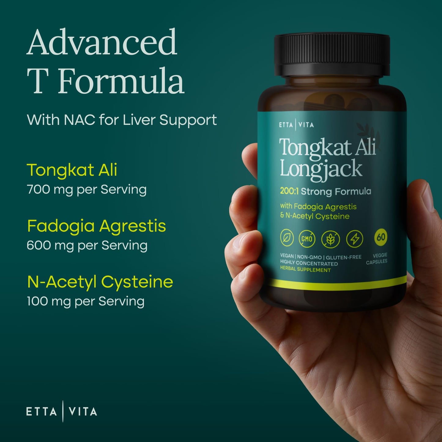 Etta Vita 200:1 Longjack Tongkat Ali & Fadogia Agrestis Supplement Capsules, 60 Count