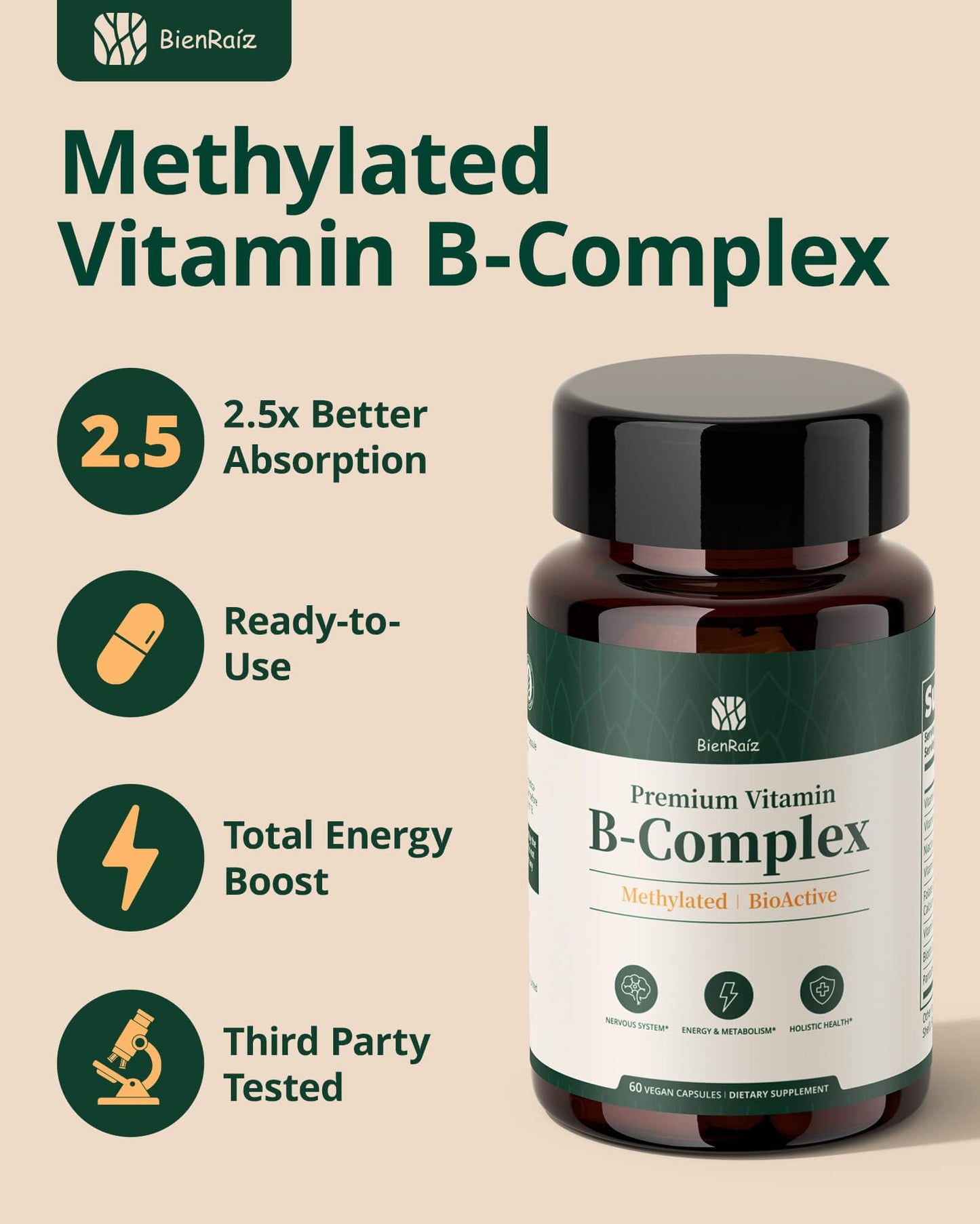 BienRaíz Methylated Vitamin B Complex for Women & Men Capsule, 60 Count