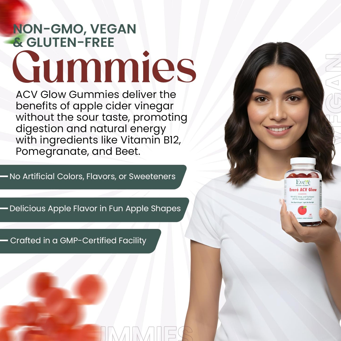 The EverÉ Natural Alchemy ACV Glow Gummies – Apple Cider Vinegar with B12, B6, Iodine, Folate, Beetroot & Pomegranate – Daily Wellness Support for Energy & Balance 60 Count