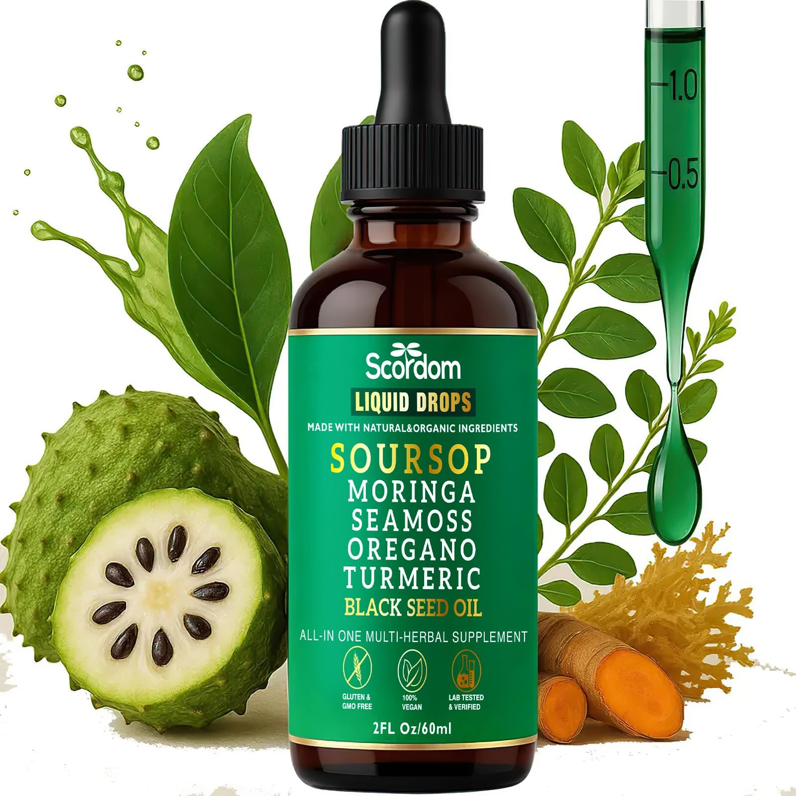 SCORDOM Soursop Bitters 10-in-1 with Sea Moss, Turmeric, Moringa, Black Seed Oil, Oregano, Ashwagandha & Herbal Extracts Capsule 1 Count